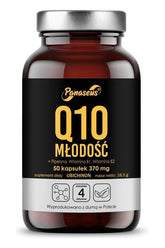 Panaseus Q10 Youth supplement bottle, 50 capsules with CoQ10, vitamins B1 and B2, designed for energy and heart health.